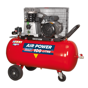 Air Compressor 100L Belt Drive 3hp with Cast Cylinders & Wheels